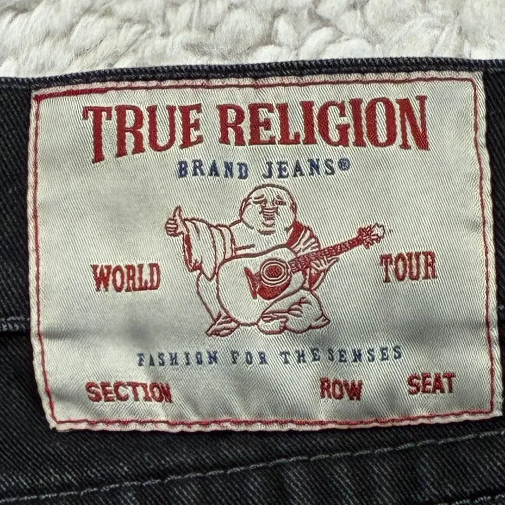 True Religion Jeans 36 x 32 Black Mens Ricky Relaxed Straight Flap Pockets Denim